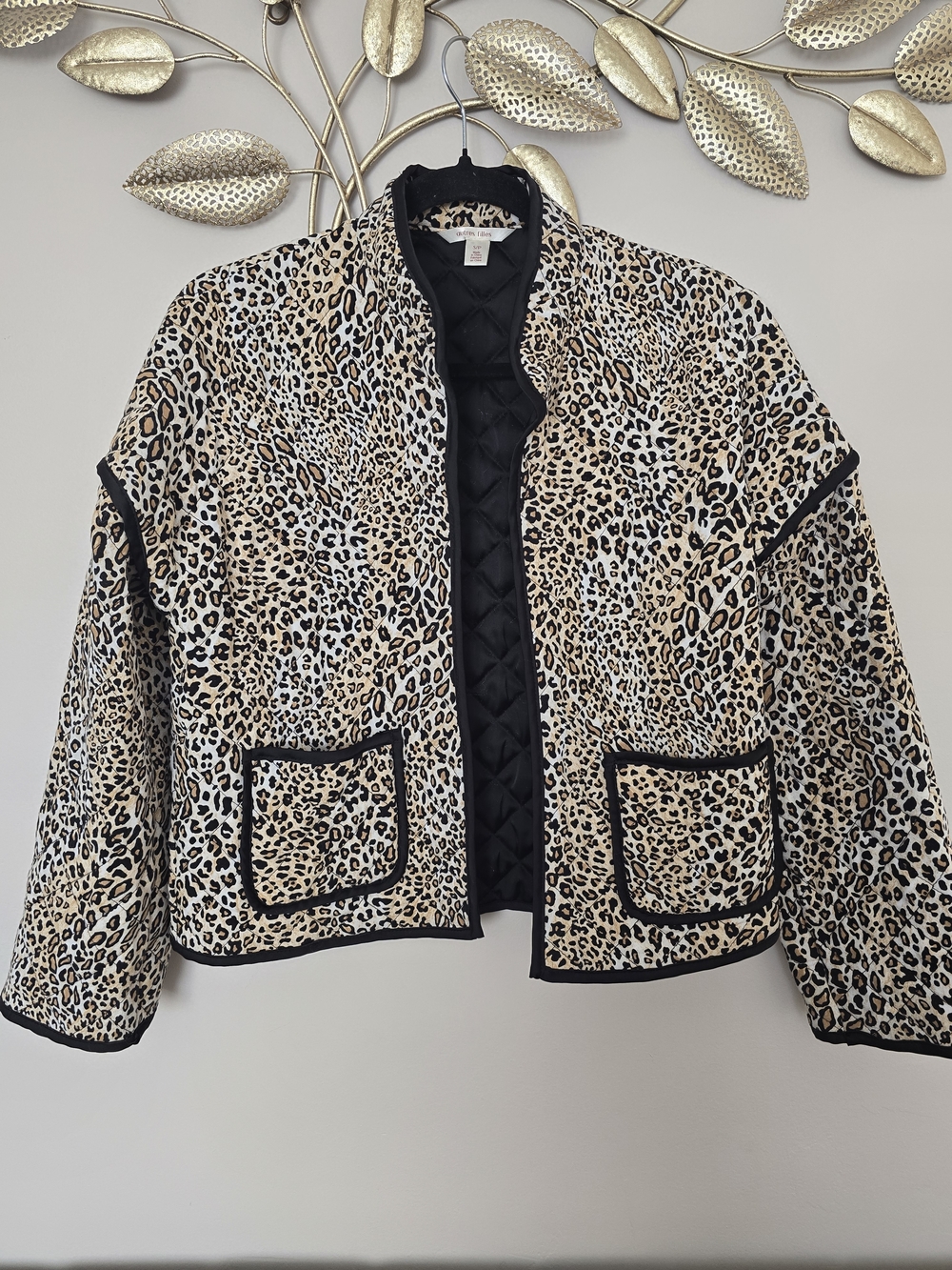 Leopard Print Bomber Jacket with Black Trim Soft Size S